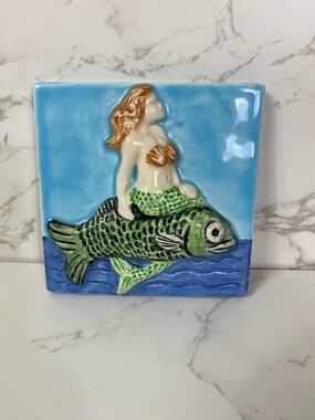 Handcrafted Ceramic Mermaid Wall Tile in Blue and Green